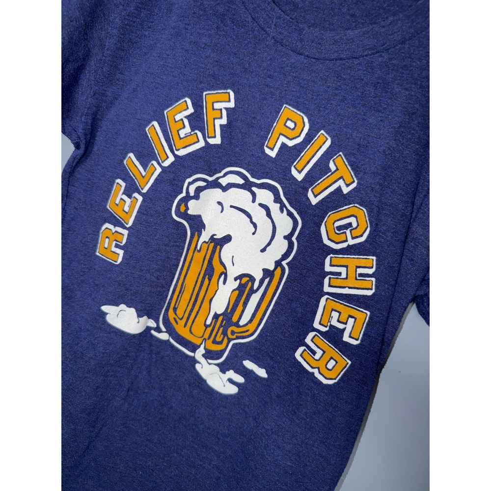 Charlie Hustle Relief Pitcher Beer Graphic T-Shirt Heather Blue Mens XS USA - Picture 2 of 4
